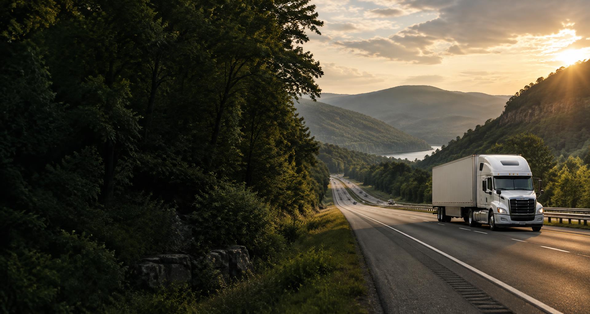 A commercial truck on an open highway through the Tennessee hills